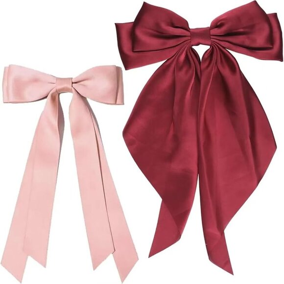 Lot of 2 Red and Pink Silky Hair Bows for Women 2 Piece Set Big Hair Bow Cute Ha - Picture 1 of 8